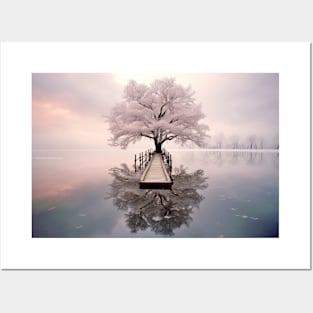 Tree In Calm Lake Serene Landscape Posters and Art